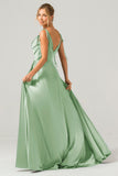 Dusty Rose A-Line Spaghetti Straps Satin Long Bridesmaid Dress With Slit