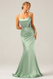 Dusty Blue Mermaid Satin Spaghetti Straps Long Bridesmaid Dress