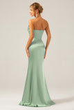 Dusty Blue Mermaid Satin Spaghetti Straps Long Bridesmaid Dress