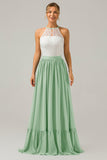 Dusk A-Line Halter Pleated Keyhole Chiffon Bridesmaid Dress With Lace