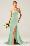 Dusty Rose Long Sheath Spaghetti Straps Bridesmaid Dress With Slit