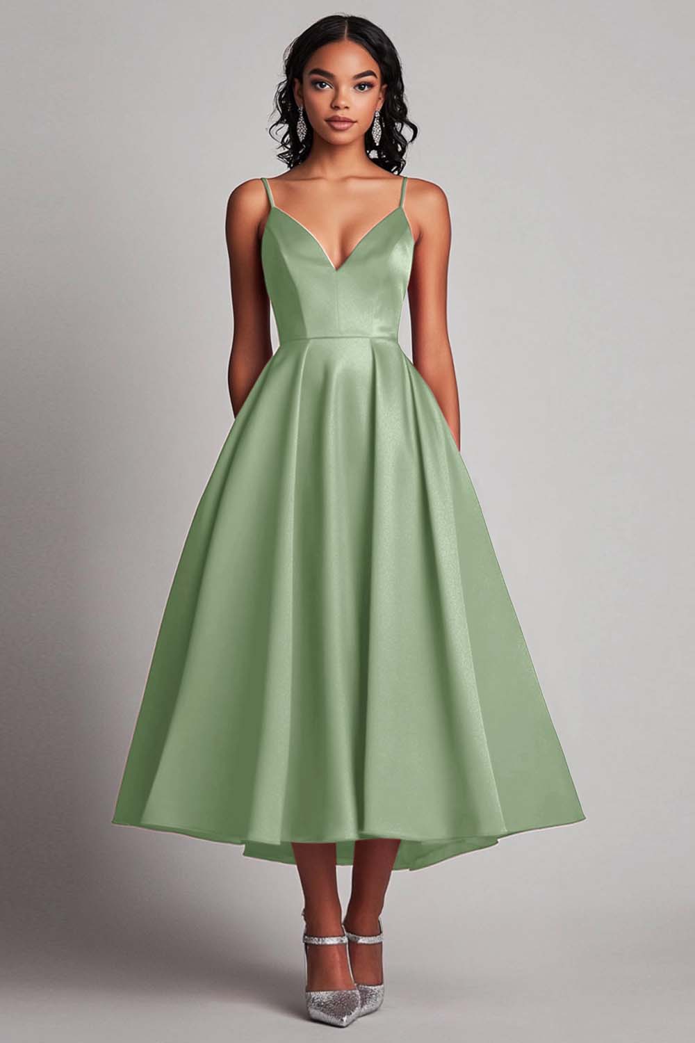 Leely Women Dusty Sage Satin A-Line Spaghetti Straps Formal Dress V-Neck Tea Length Evening Dress leelyuk Leely Women Dusty Sage Satin A-Line Spaghetti Straps Formal Dress V-Neck Tea Length Evening Dress leelyuk