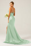 Dusty Rose Long Sheath Spaghetti Straps Bridesmaid Dress With Slit