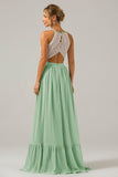 Dusk A-Line Halter Pleated Keyhole Chiffon Bridesmaid Dress With Lace