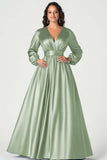 Dark Green A-Line Satin Mother of the Bride Dress with Long Sleeves