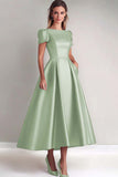 Dusty Sage A-Line Satin Short Sleeves Mother of the Bride Dress