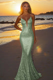 Sparkly Dusty Sage Sequined Spaghetti Straps Mermaid Formal Dress