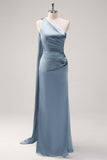 Sage One Shoulder Sheath Satin Watteau Train Bridesmaid Dress