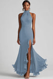Terracotta Halter Sheath Ruffle Formal Dress with Slit