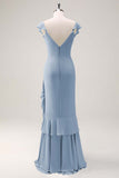 Dusty Sage V-Neck Mermaid Chiffon Bridesmaid Dress with Ruffles