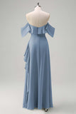 Light Green Ruffled Off The Shoulder Chiffon Bridesmaid Dress with Slit
