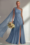 Burgundy One Shoulder Backless Ruched Long Bridesmaid Dress with Slit