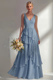 Sea Glass V Neck Ruffled Sleeveless Long Bridesmaid Dress