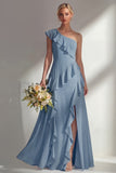 Light Pink One Shoulder Ruffled Long Bridesmaid Dress with Slit