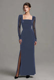 Black Sheath Velvet Square Neck Holiday Party Dress with Slit