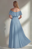 A Line Burgundy Ruffed Off the Shoulder Long Bridesmaid Dress with Slit
