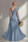 Light Pink One Shoulder Ruffled Long Bridesmaid Dress with Slit