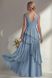 Sea Glass V Neck Ruffled Sleeveless Long Bridesmaid Dress