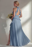 Butter Yellow Ruffled Halter Neck A Line Long Bridesmaid Dress with Slit