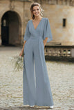 Ivory V-Neck Half Sleeves Wedding Jumpsuits with Pockets
