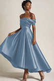 High Low Off the Shoulder Satin Terracotta Mother of the Bride Dress