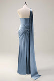 Sage One Shoulder Sheath Satin Watteau Train Bridesmaid Dress