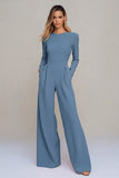 Black Crew Neck Open Back Formal Jumpsuits with Sleeves