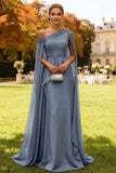 Dark Green Long One Shoulder Chiffon Wedding Guest Dress with Cape
