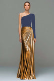 Metallic Red and Gold One Shoulder Mermaid Velvet Long Holiday Party Dress