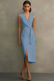 Dusty Rose V-Neck Sheath Tea Length Semi Formal Dress with Sash