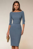 Navy Boat Neck Pencil Midi Work Dress with Slit