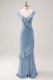 Dusty Sage V-Neck Mermaid Chiffon Bridesmaid Dress with Ruffles
