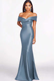 Dusty Blue Off the Shoulder Mermaid Maxi Formal Dress