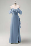 Light Green Ruffled Off The Shoulder Chiffon Bridesmaid Dress with Slit