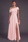 Yellow Off the Shoulder A Line Long Wedding Guest Dress with Slit