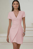 Ivory V-Neck Pleated Short Pencil Work Dress with Sleeves