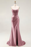 Sparkly Blush Strapless Mermaid Ruched Long Prom Dress with Slit