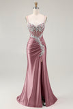 Sparkly Blush Corset Mermaid Sequins Maxi Prom Dress with Slit