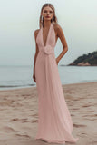 White Chiffon A Line V-Neck Long Rehearsal Dinner Dress