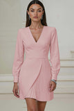 Ivory Short Pencil V-Neck Pleated Work Dress with Sleeves