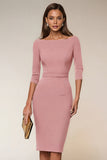 Navy Boat Neck Pencil Midi Work Dress with Slit