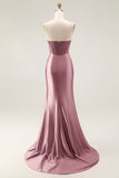 Sparkly Blush Strapless Mermaid Ruched Long Prom Dress with Slit