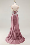 Sparkly Blush Corset Mermaid Sequins Maxi Prom Dress with Slit
