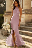 Dusty Rose Chiffon Sheath Ruched Halter Maxi Bridesmaid Dress with Slit