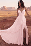 White A Line Swep Train Western Boho Wedding Dress with Ruffles