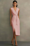 Leely Women Dusty Rose Bodycon Tea Length Satin Semi Formal Dress with Slit Sleeveless V-Neck Work Dress with Sash