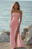 White Chiffon Sheath Ruched Strapless Maxi Rehearsal Dinner Dress with Slit