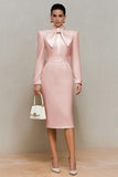 Ivory High Neck Pencil Long Sleeves Midi Work Dress with Bow