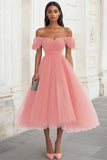 Yellow Tulle Off the Shoulder A Line Midi Formal Dress