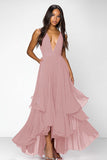 A Line Dusty Rose V-Neck Chiffon Ruffled Long Formal Dress